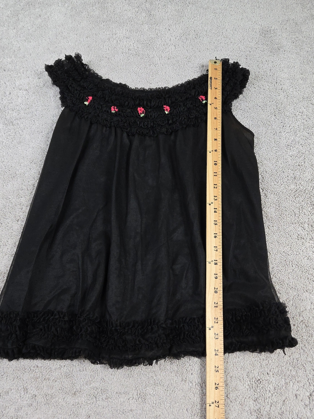 Vintage Black Sheer Top Ruffle Trim Flowers Lingerie Whimsigoth Fairy Dainty Lux - Picture 3 of 8